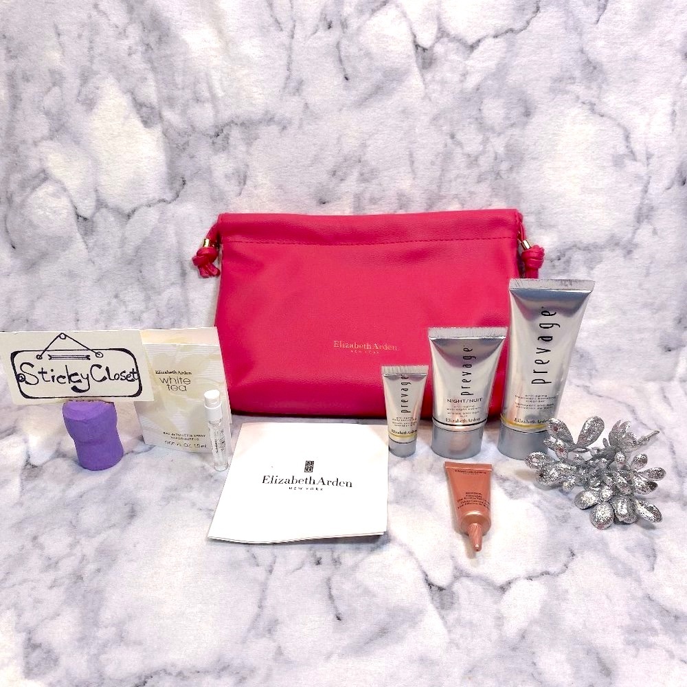 Elizabeth Arden Prevage Skincare Set-Berry Pink Pouch,Serum,Eye Cream,EDT6pc-NEW